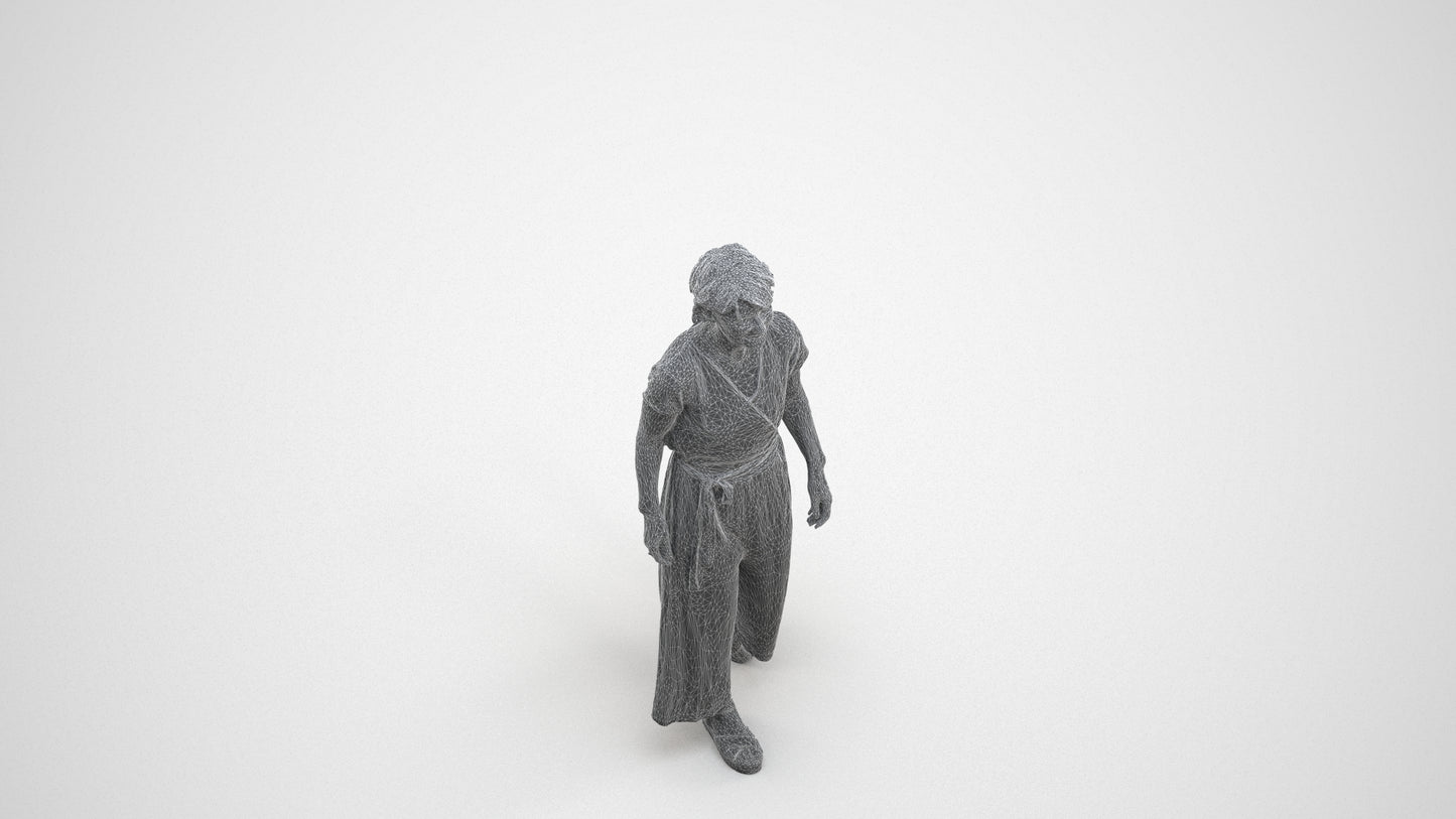 3D human model senior woman casual walking, photogrammetry scanned person for archviz, wireframe three-quarter view