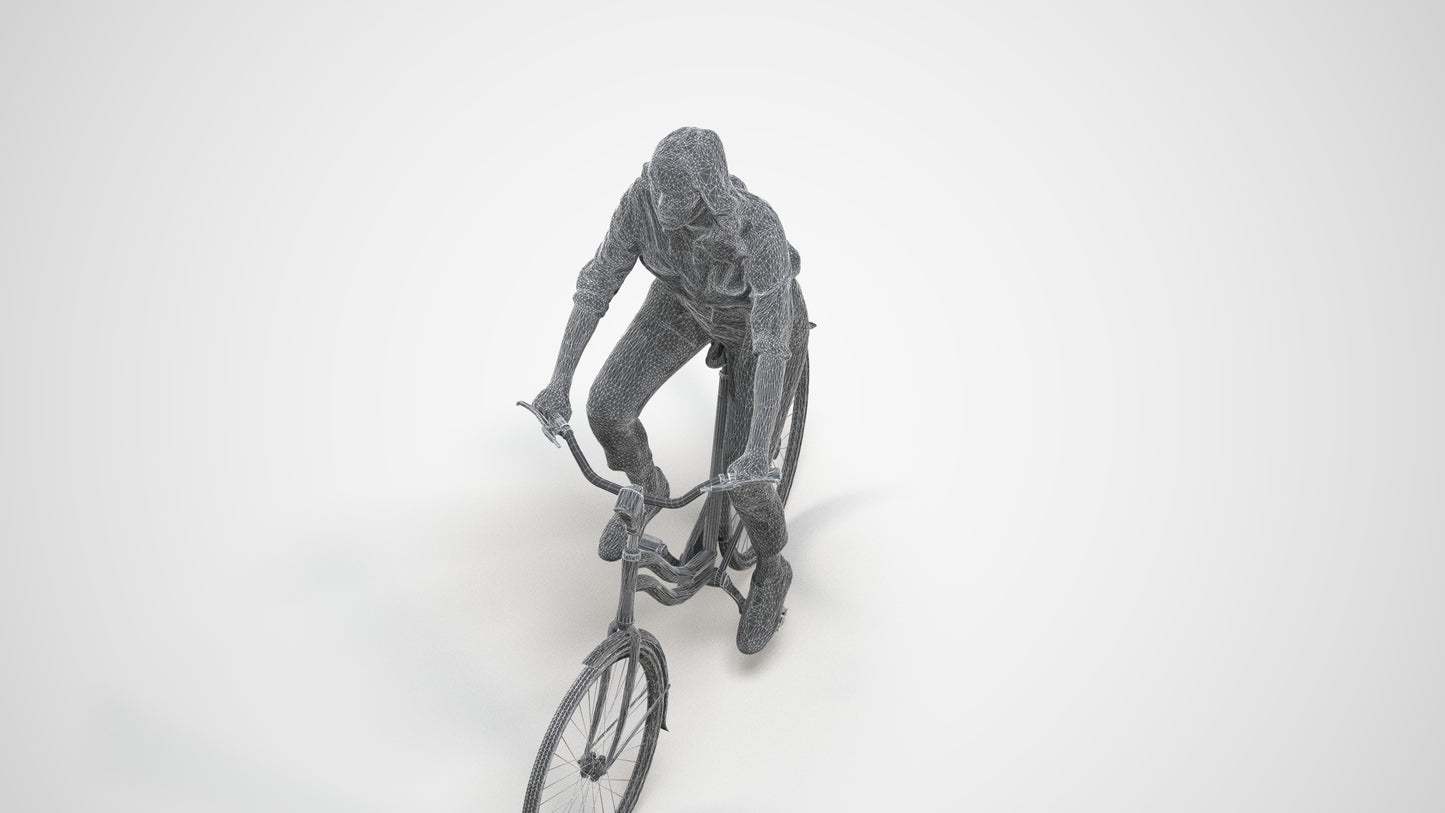 realistic 3D people woman casual cycling, render-ready for V-Ray and Corona, FBX OBJ, wireframe three-quarter view