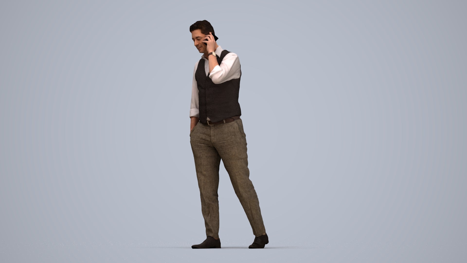 3D human model man business walking, photogrammetry scanned person for archviz, top-down view render