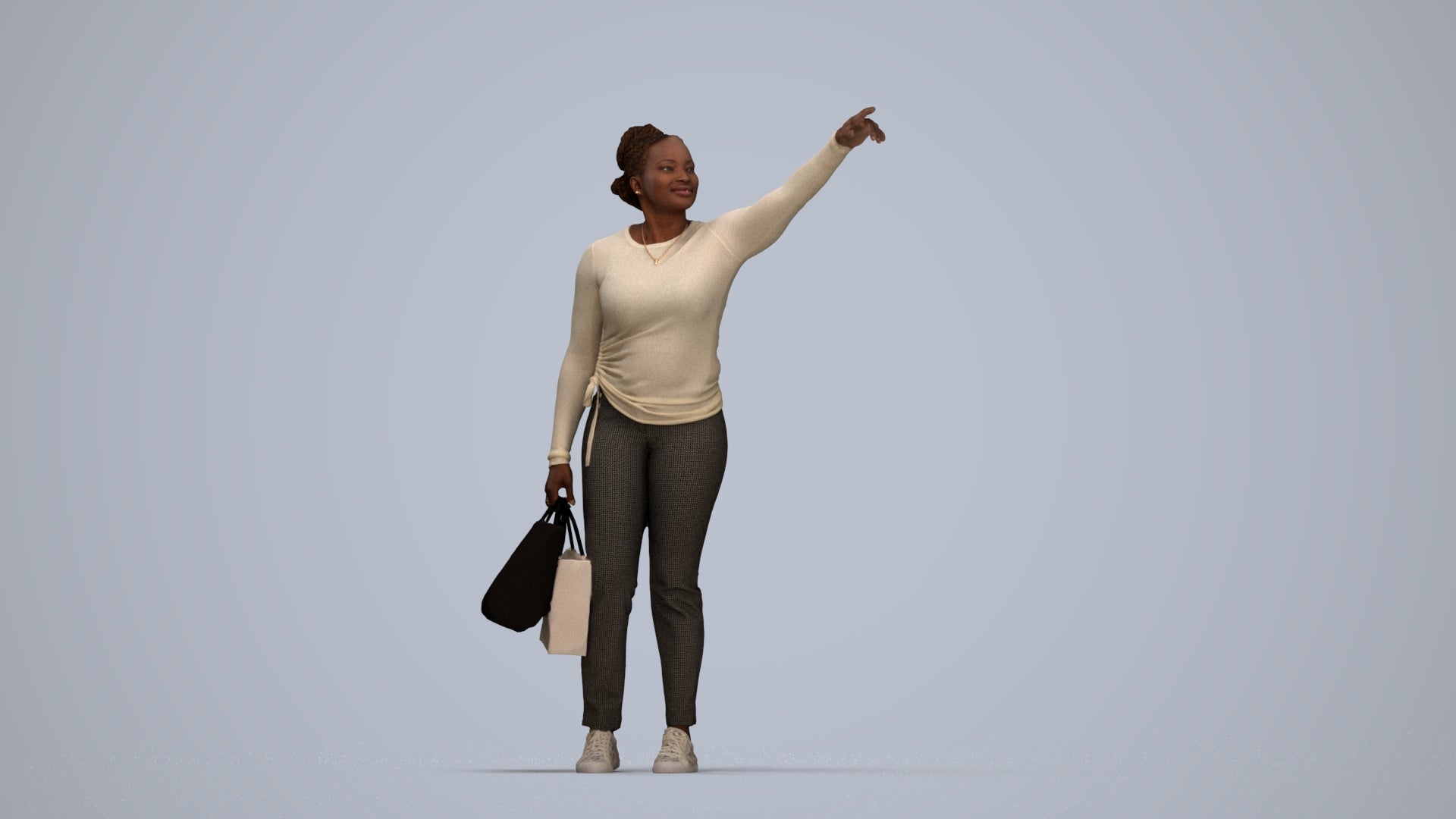 3D scanned woman standing casual, photorealistic archviz people for Enscape and SketchUp, top-down view render