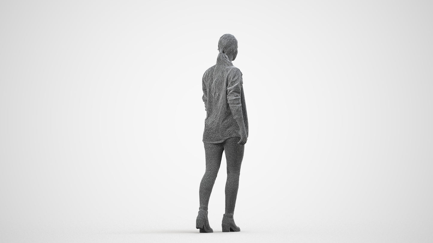 realistic 3D woman casual walking, scanned archviz people for Blender and 3ds Max, wireframe side view