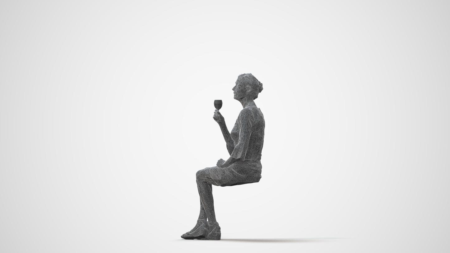 3D scanned senior woman sitting formal, photorealistic archviz people for Enscape and SketchUp, square thumbnail