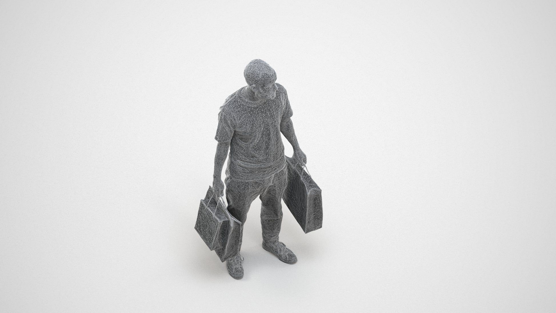 3D people model man casual shopping, scanned human for 3ds Max rendering, wireframe three-quarter view