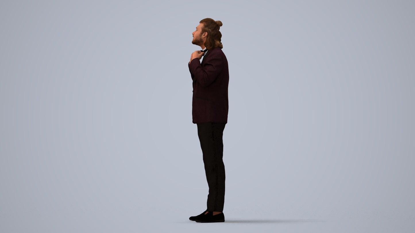 3D human model man formal cycling, photogrammetry scanned person for archviz, three-quarter view render