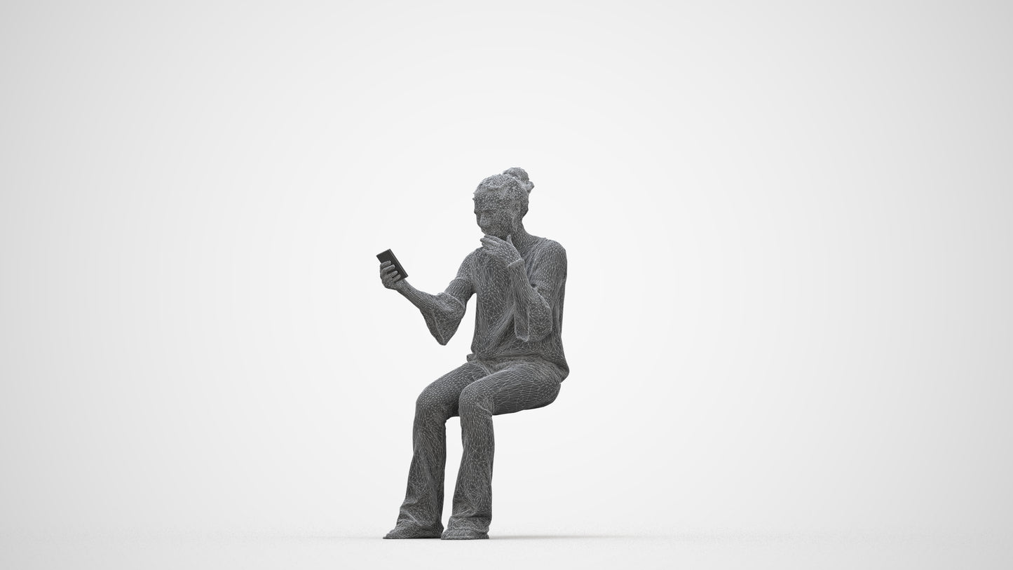 realistic 3D woman casual sitting, scanned archviz people for Blender and 3ds Max, wireframe back view