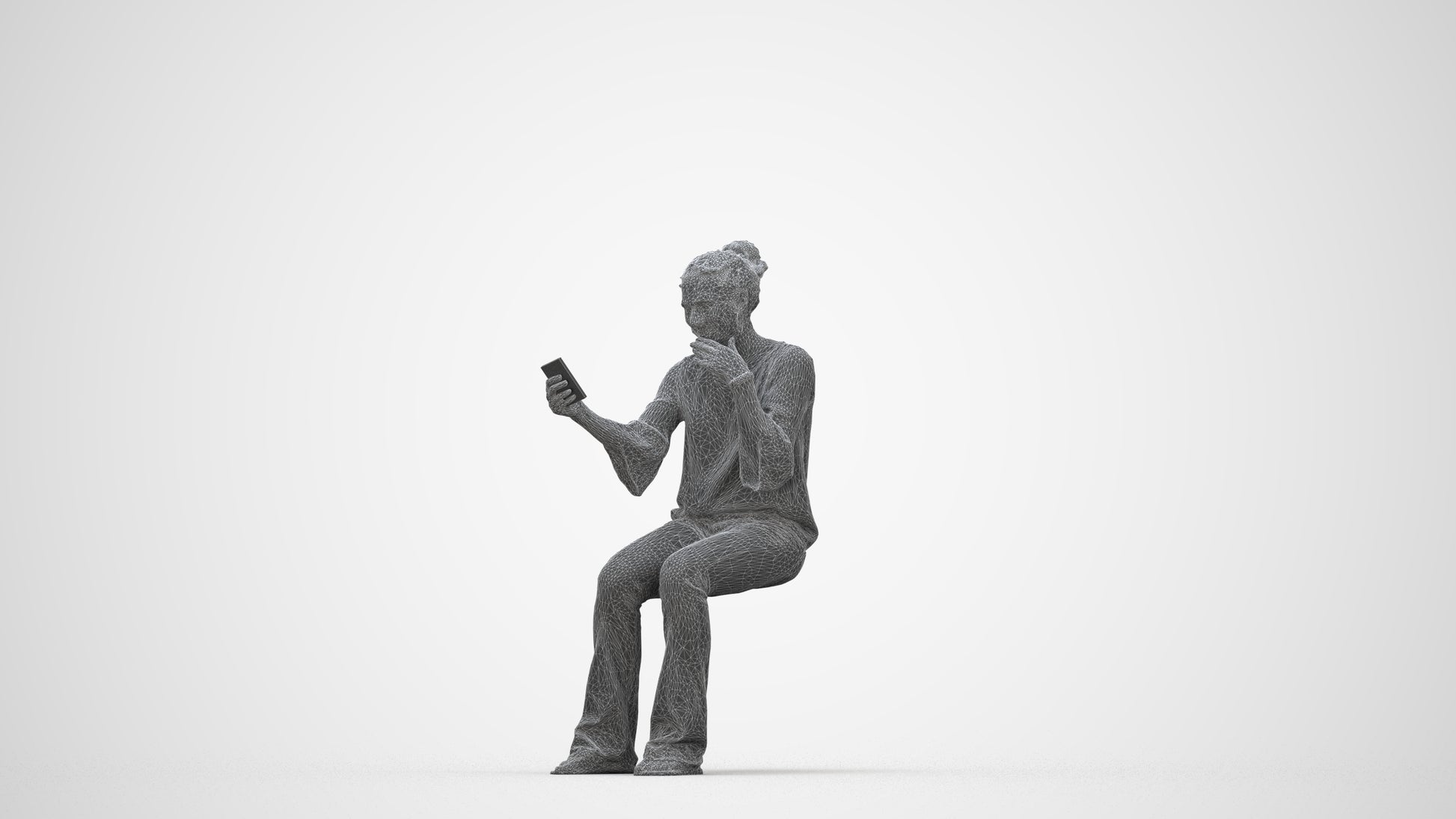 realistic 3D woman casual sitting, scanned archviz people for Blender and 3ds Max, wireframe back view