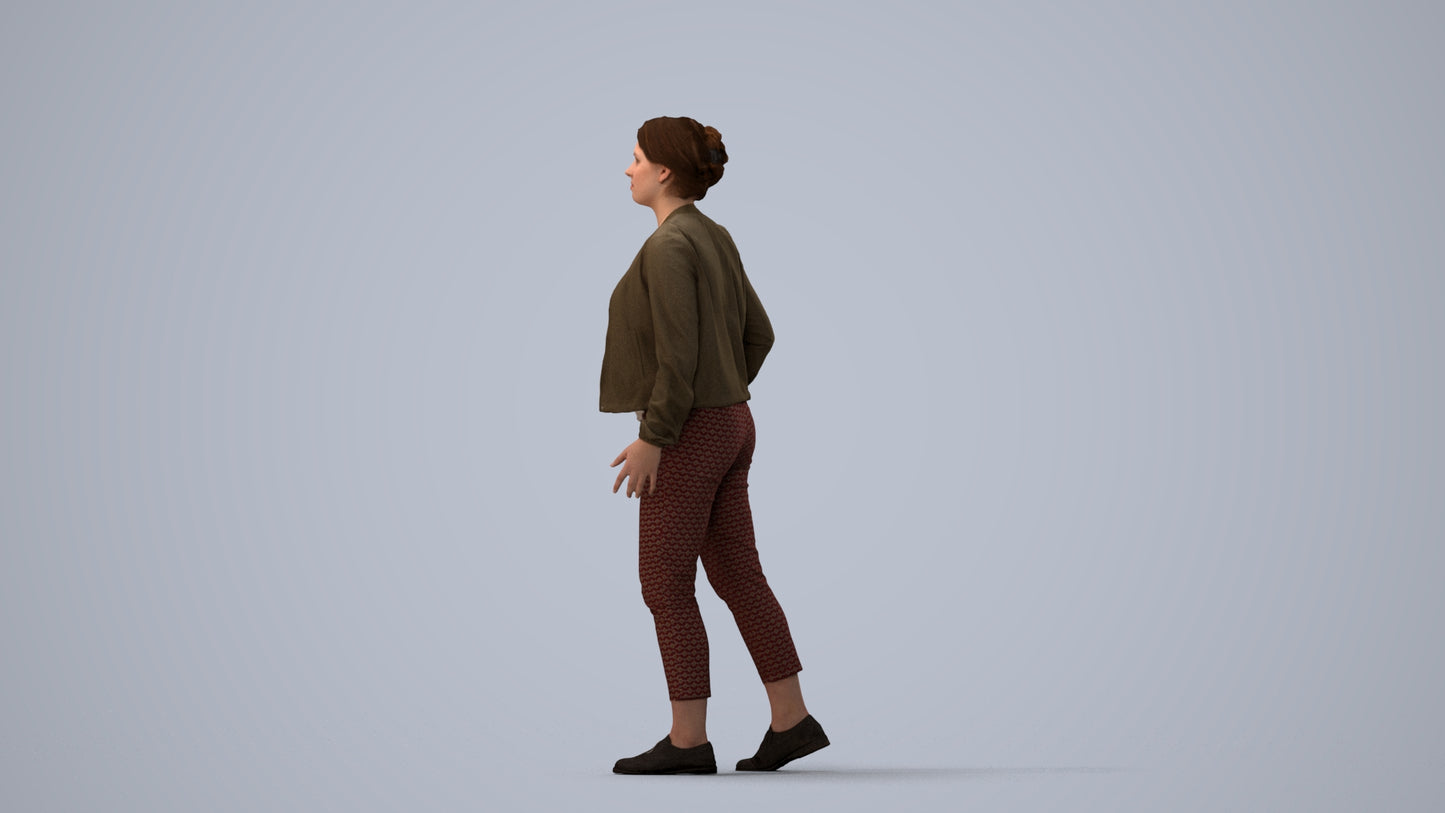 3D human model woman casual walking, photogrammetry scanned person for archviz, three-quarter view render