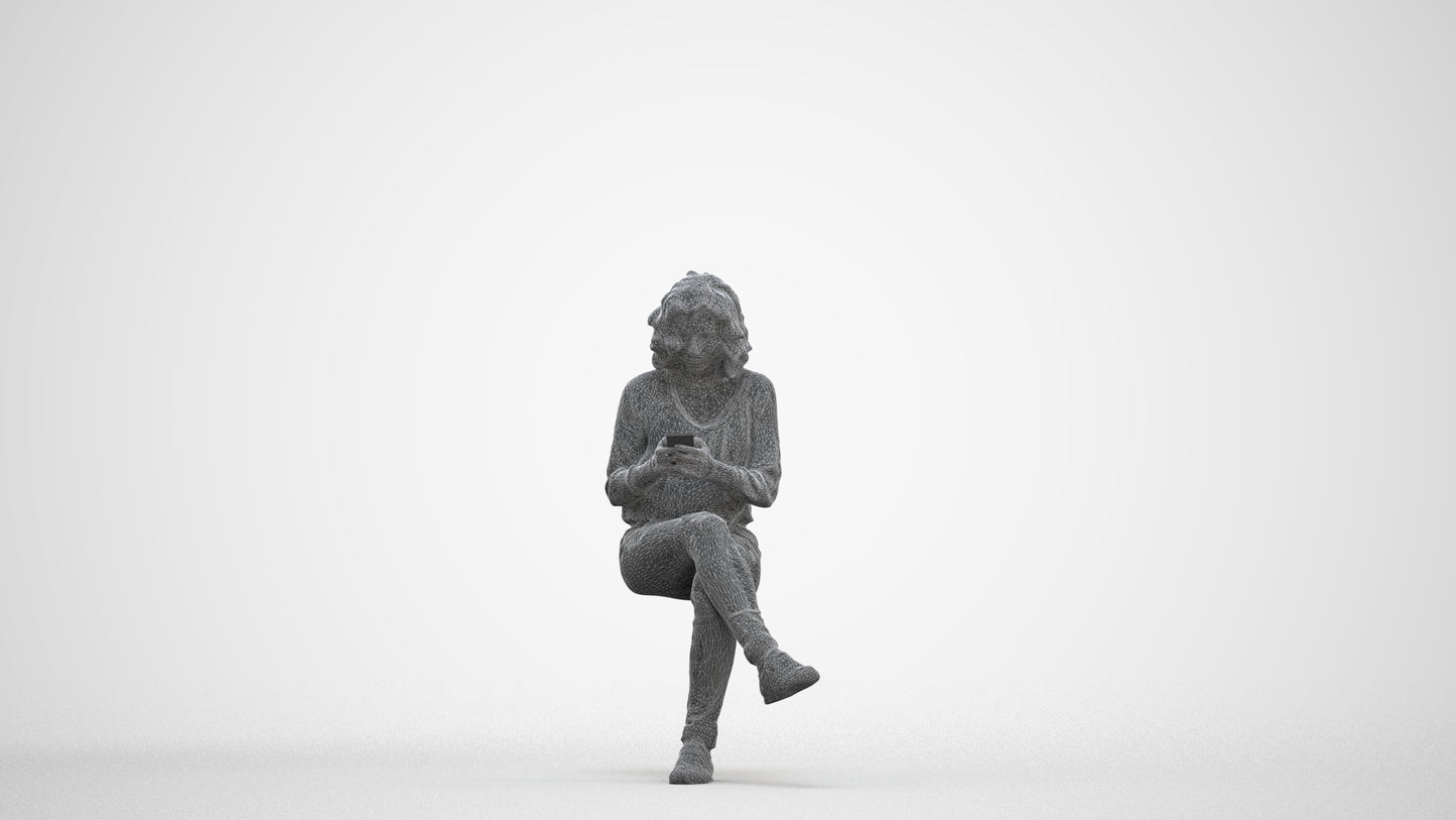 3D human model woman casual sitting, photogrammetry scanned person for archviz, three-quarter front view render
