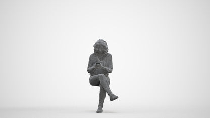 3D human model woman casual sitting, photogrammetry scanned person for archviz, three-quarter front view render