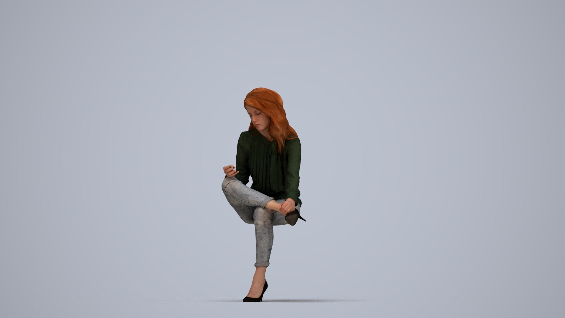 realistic 3D senior woman business sitting, scanned archviz people for Blender and 3ds Max, top-down view render