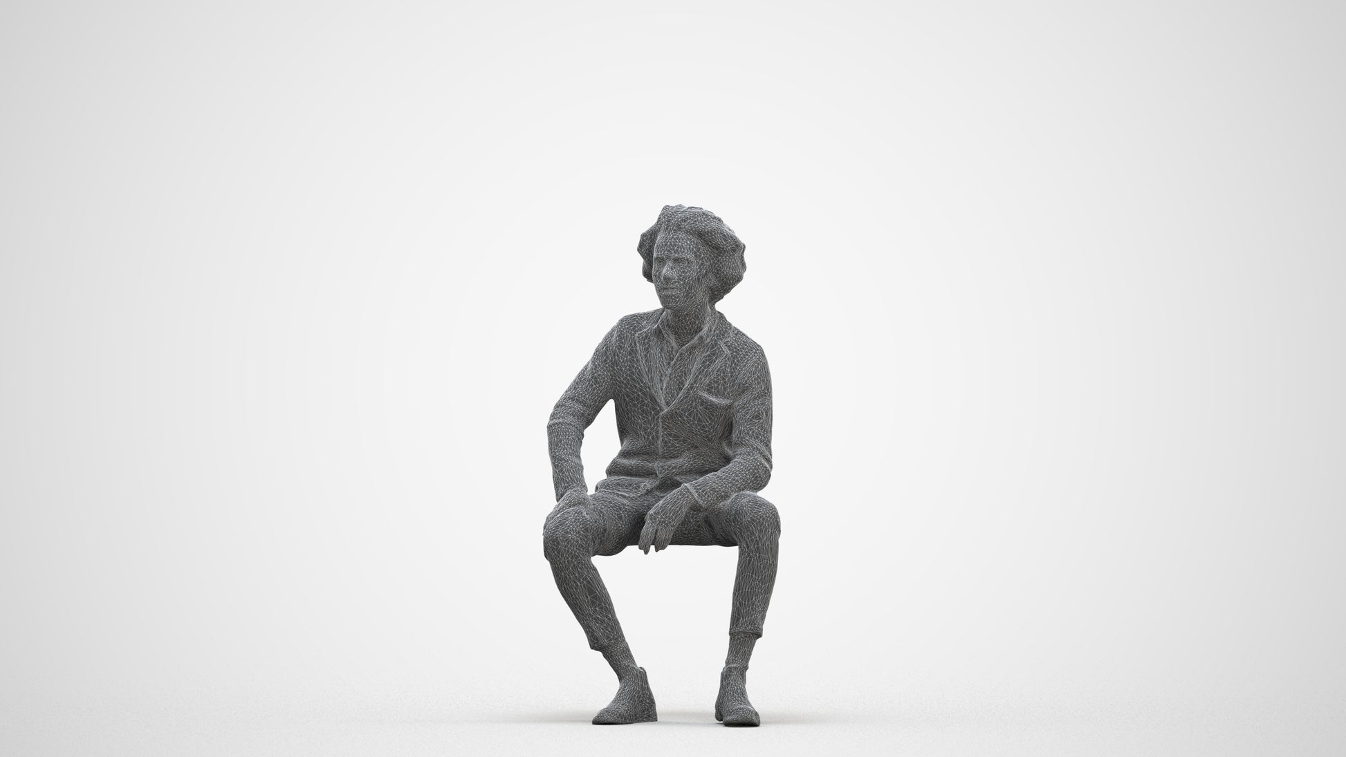 3D human model man business sitting, photogrammetry scanned person for archviz, three-quarter front view render