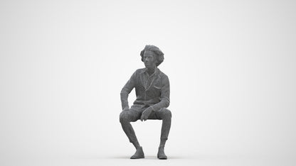 3D human model man business sitting, photogrammetry scanned person for archviz, three-quarter front view render