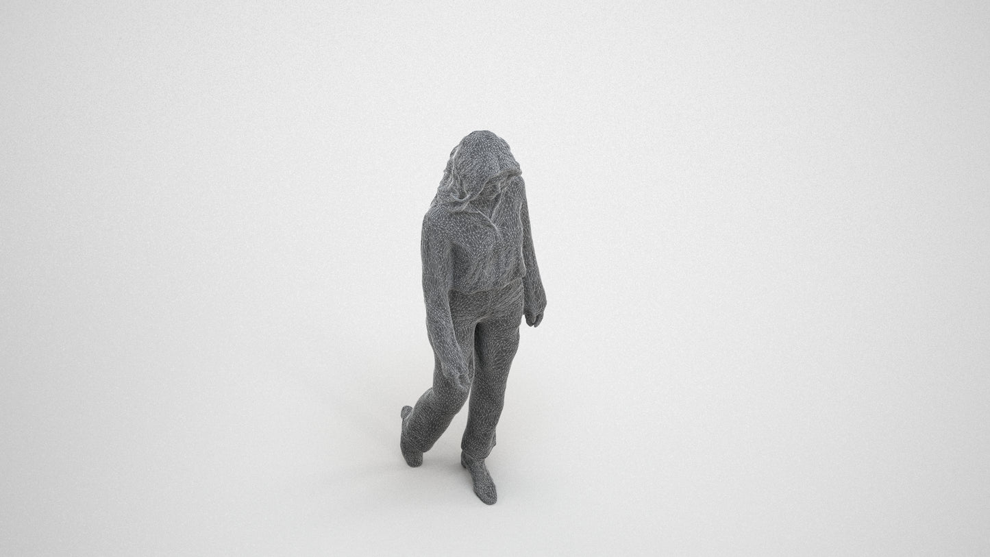 3D scanned woman walking business, photorealistic archviz people for Enscape and SketchUp, wireframe three-quarter view