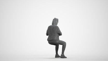 photogrammetry 3D woman casual sitting, realistic human model archviz FBX, wireframe front view
