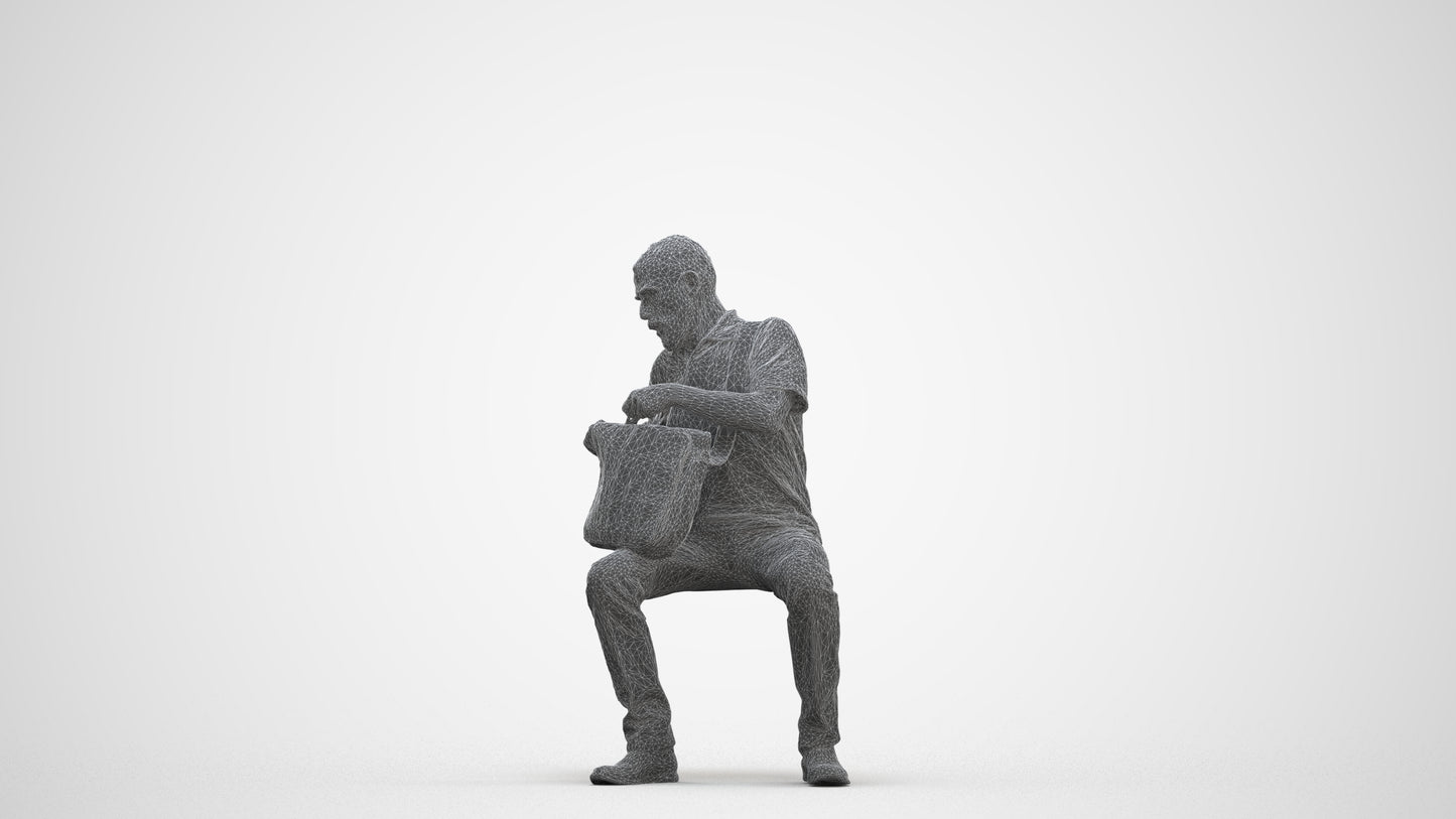 realistic 3D human senior man casual sitting, archviz people FBX OBJ for Blender, three-quarter front view render