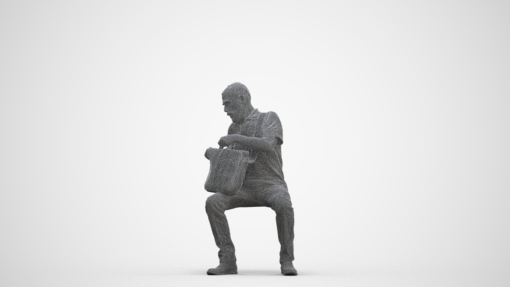 realistic 3D human senior man casual sitting, archviz people FBX OBJ for Blender, three-quarter front view render