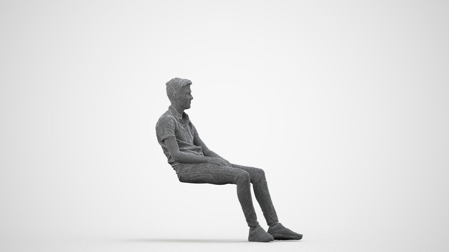 3D scanned man sitting casual, photorealistic archviz people for Enscape and SketchUp, wireframe side view