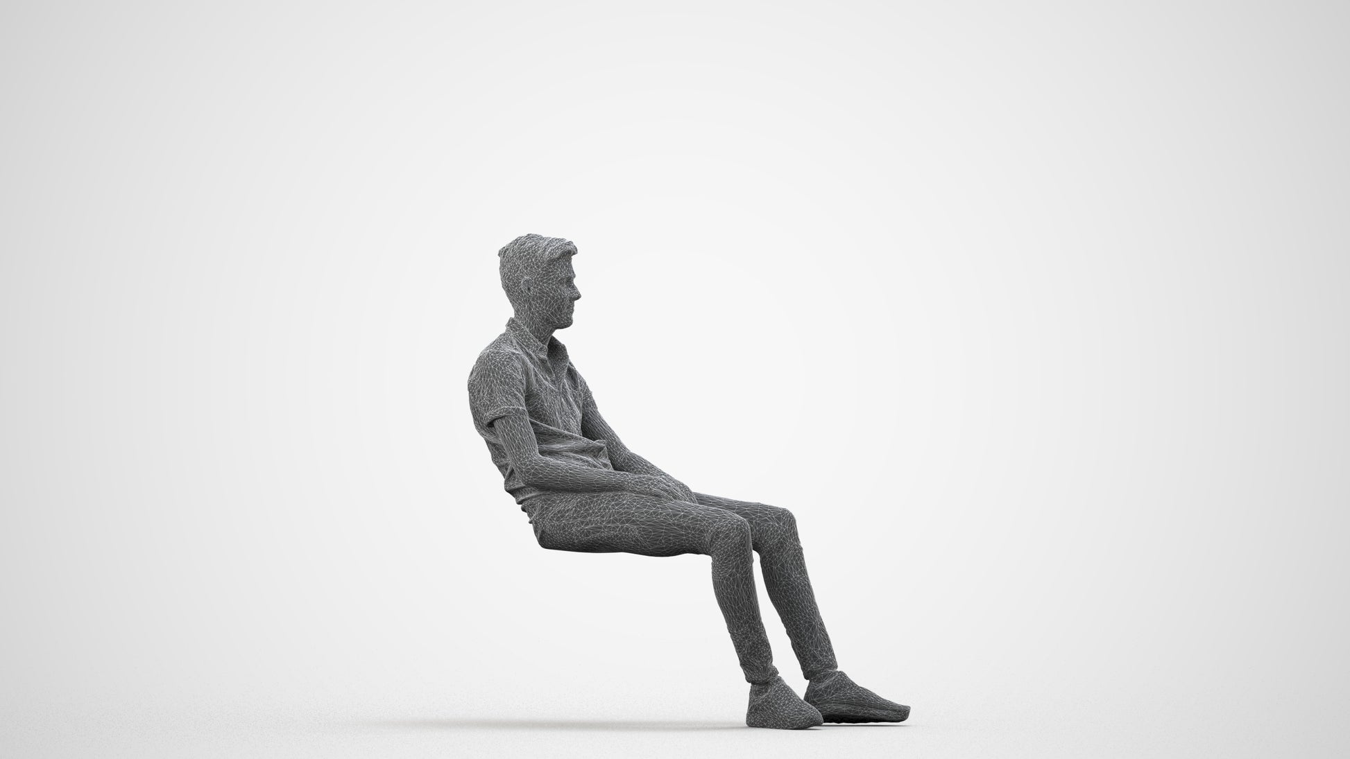 3D scanned man sitting casual, photorealistic archviz people for Enscape and SketchUp, wireframe side view