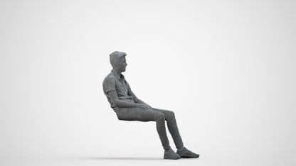 3D scanned man sitting casual, photorealistic archviz people for Enscape and SketchUp, wireframe side view