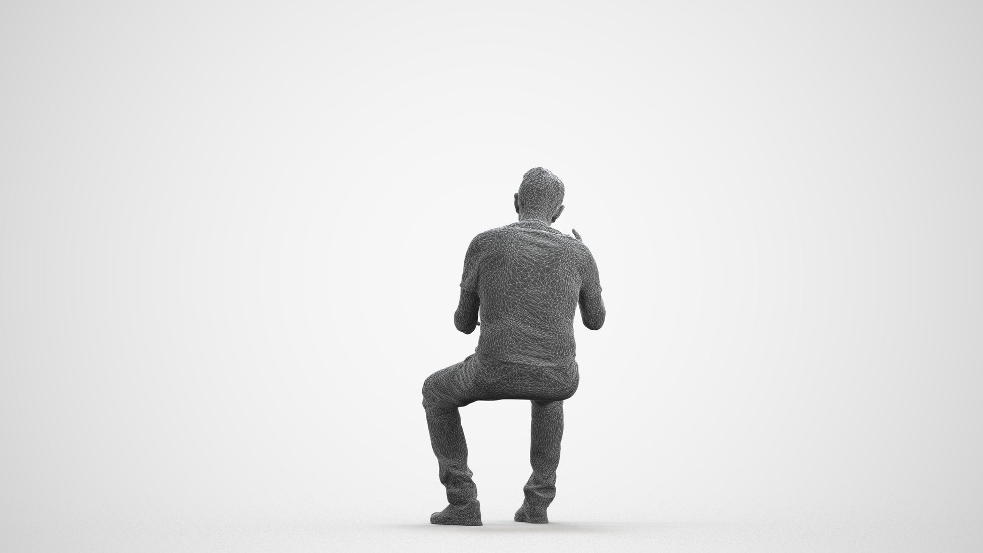 3D human model senior man casual sitting, photogrammetry scanned person for archviz, wireframe front view