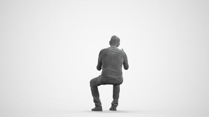 3D human model senior man casual sitting, photogrammetry scanned person for archviz, wireframe front view