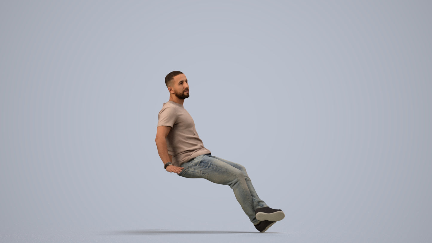 photogrammetry 3D man casual sitting, realistic human model archviz FBX, side view render