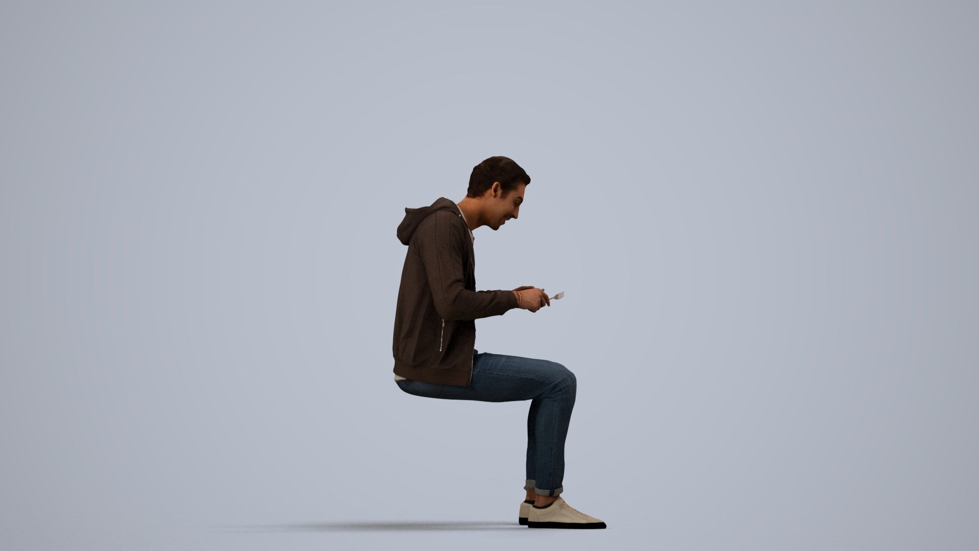 realistic 3D man casual sitting, scanned archviz people for Blender and 3ds Max, side view render
