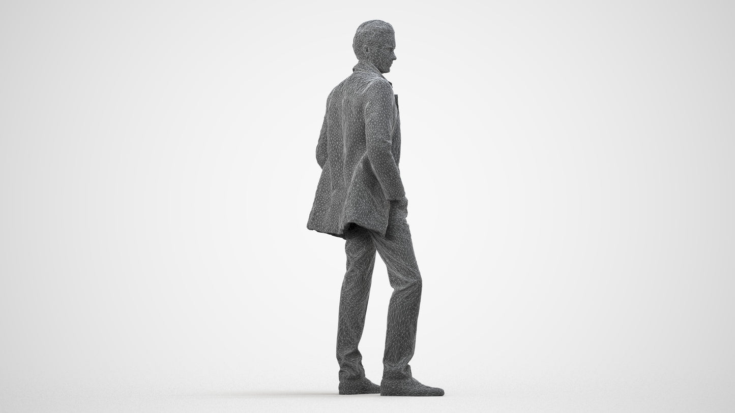 3D scanned man standing casual, photorealistic archviz people for Enscape and SketchUp, wireframe side view