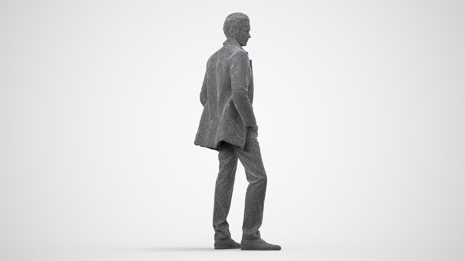 3D scanned man standing casual, photorealistic archviz people for Enscape and SketchUp, wireframe side view