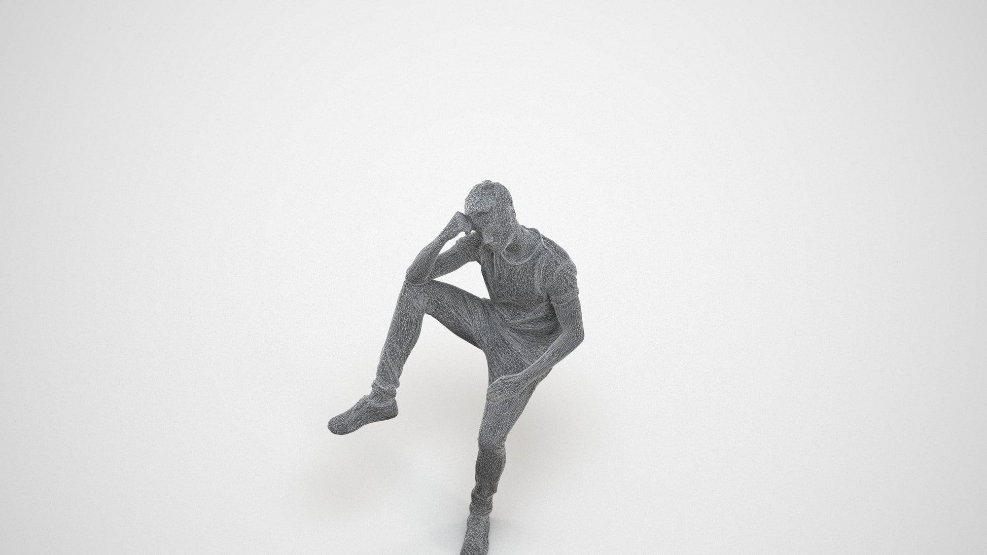 3D people model man casual sitting, scanned human for 3ds Max rendering, wireframe three-quarter view