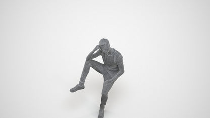 3D people model man casual sitting, scanned human for 3ds Max rendering, wireframe three-quarter view
