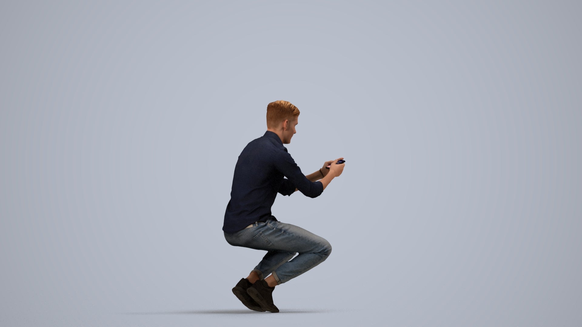 realistic 3D man casual sitting, scanned archviz people for Blender and 3ds Max, side view render