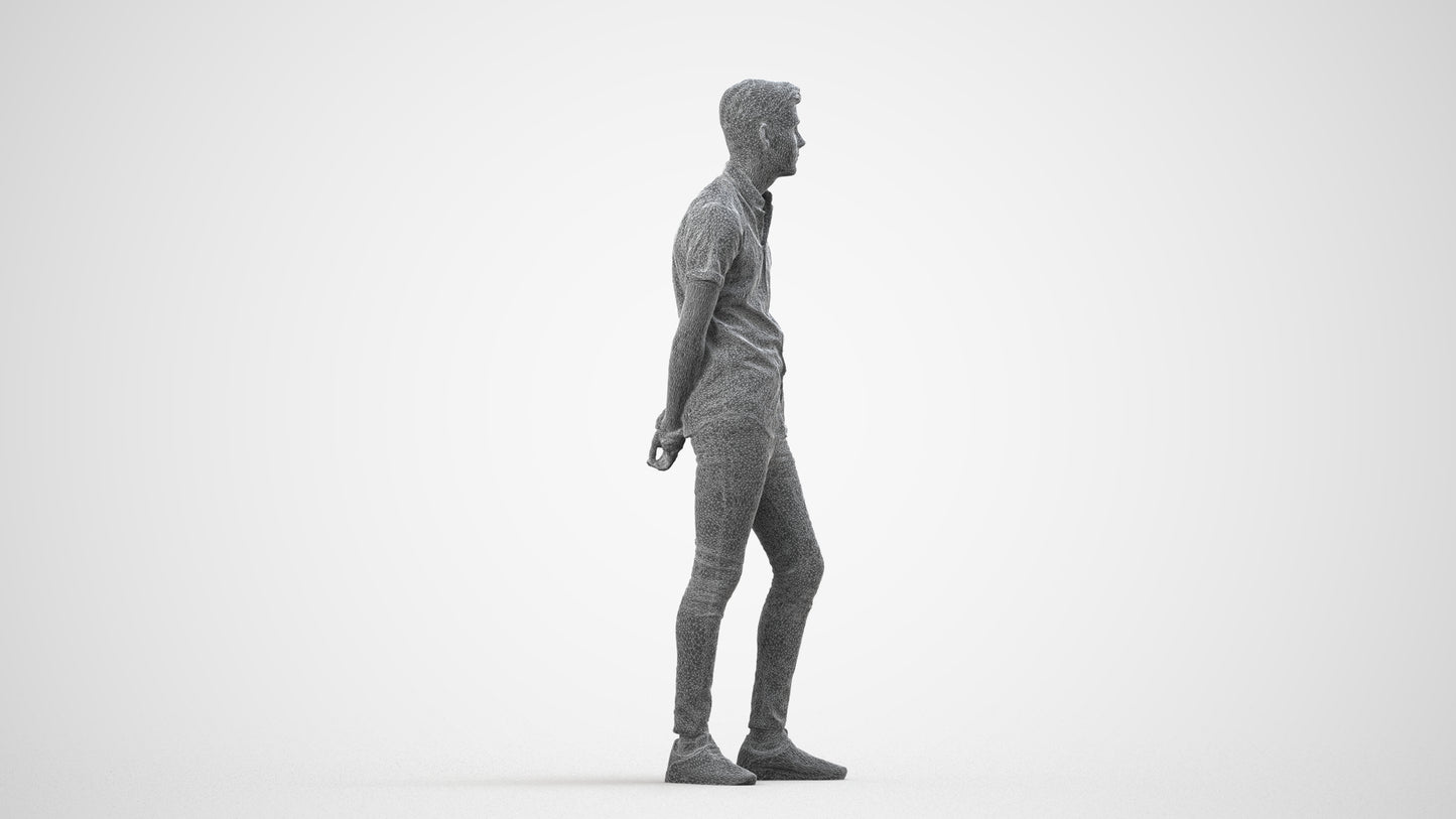 realistic 3D man casual standing, scanned archviz people for Blender and 3ds Max, wireframe side view