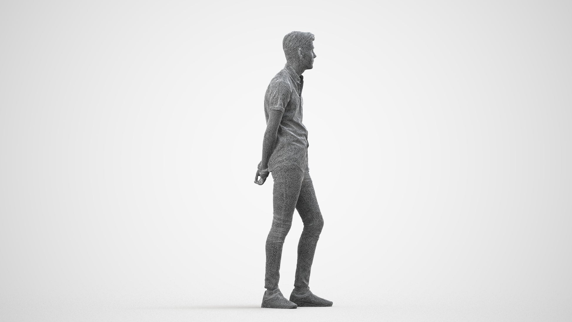 realistic 3D man casual standing, scanned archviz people for Blender and 3ds Max, wireframe side view