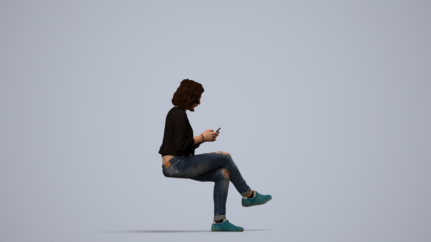 3D human model woman casual sitting, photogrammetry scanned person for archviz, side view render