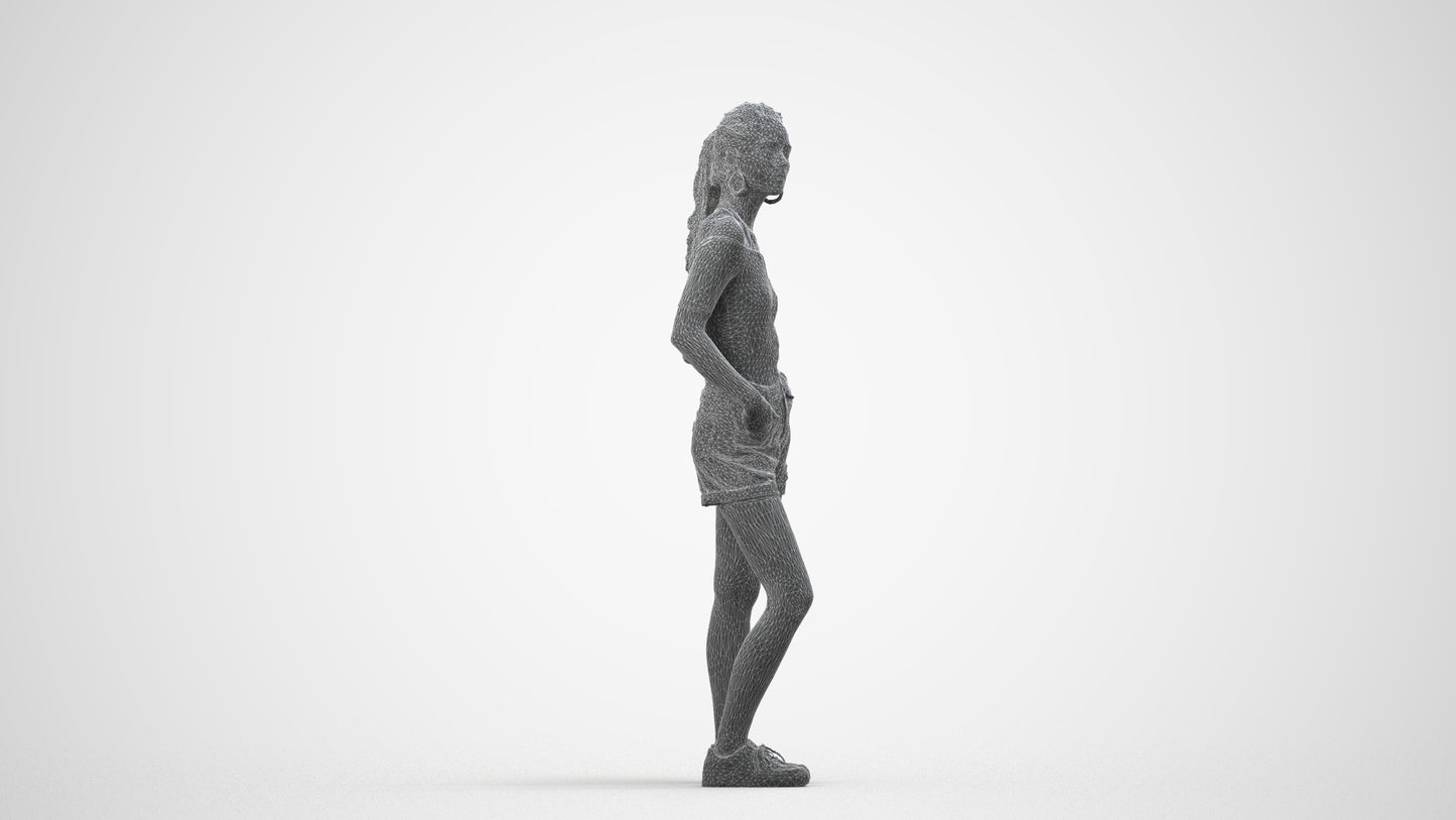 3D human model woman casual standing, photogrammetry scanned person for archviz, wireframe side view