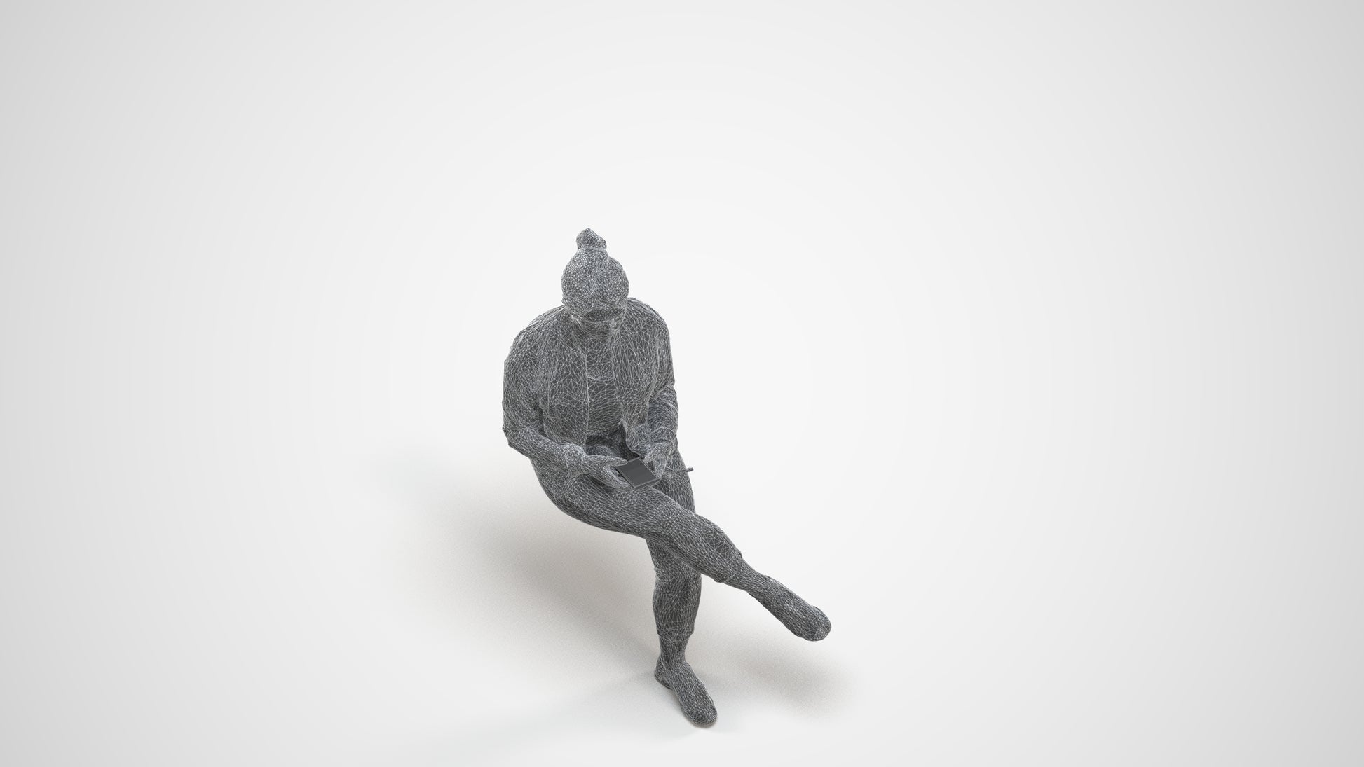 scanned 3D woman casual sitting, photogrammetry people for Enscape and V-Ray, wireframe three-quarter view