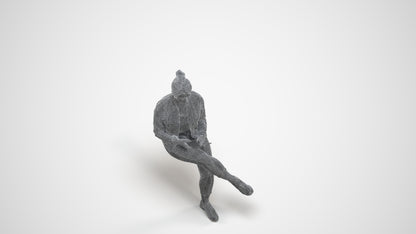 scanned 3D woman casual sitting, photogrammetry people for Enscape and V-Ray, wireframe three-quarter view
