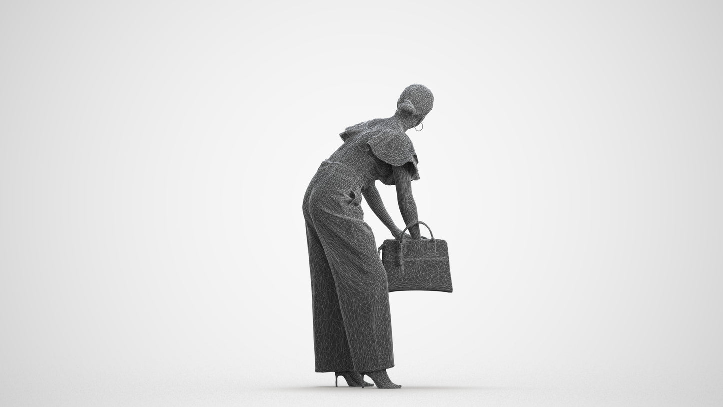 3D scanned woman standing business, photorealistic archviz people for Enscape and SketchUp, wireframe front view