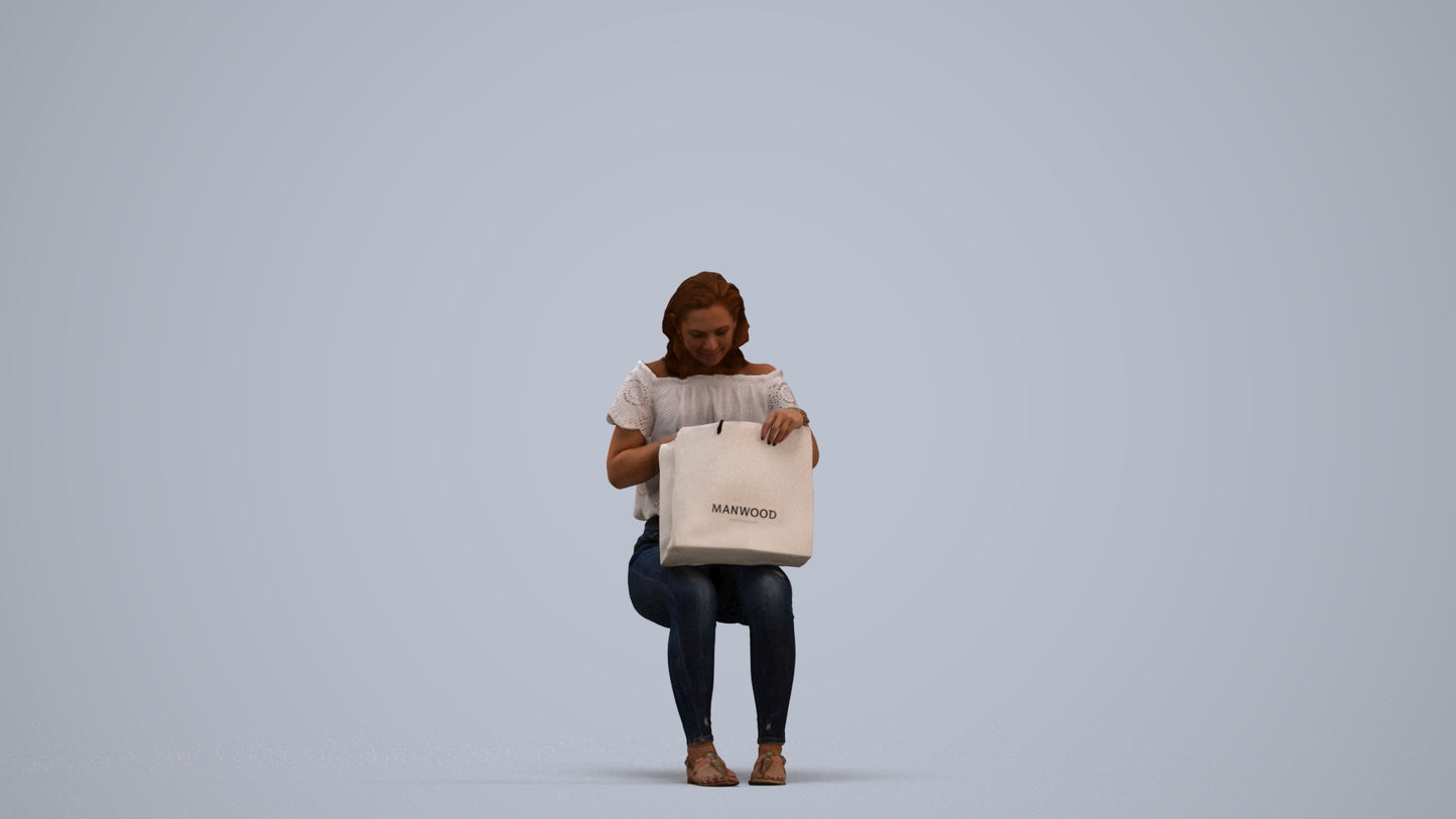 3D human model woman casual sitting, photogrammetry scanned person for archviz, standing pose render