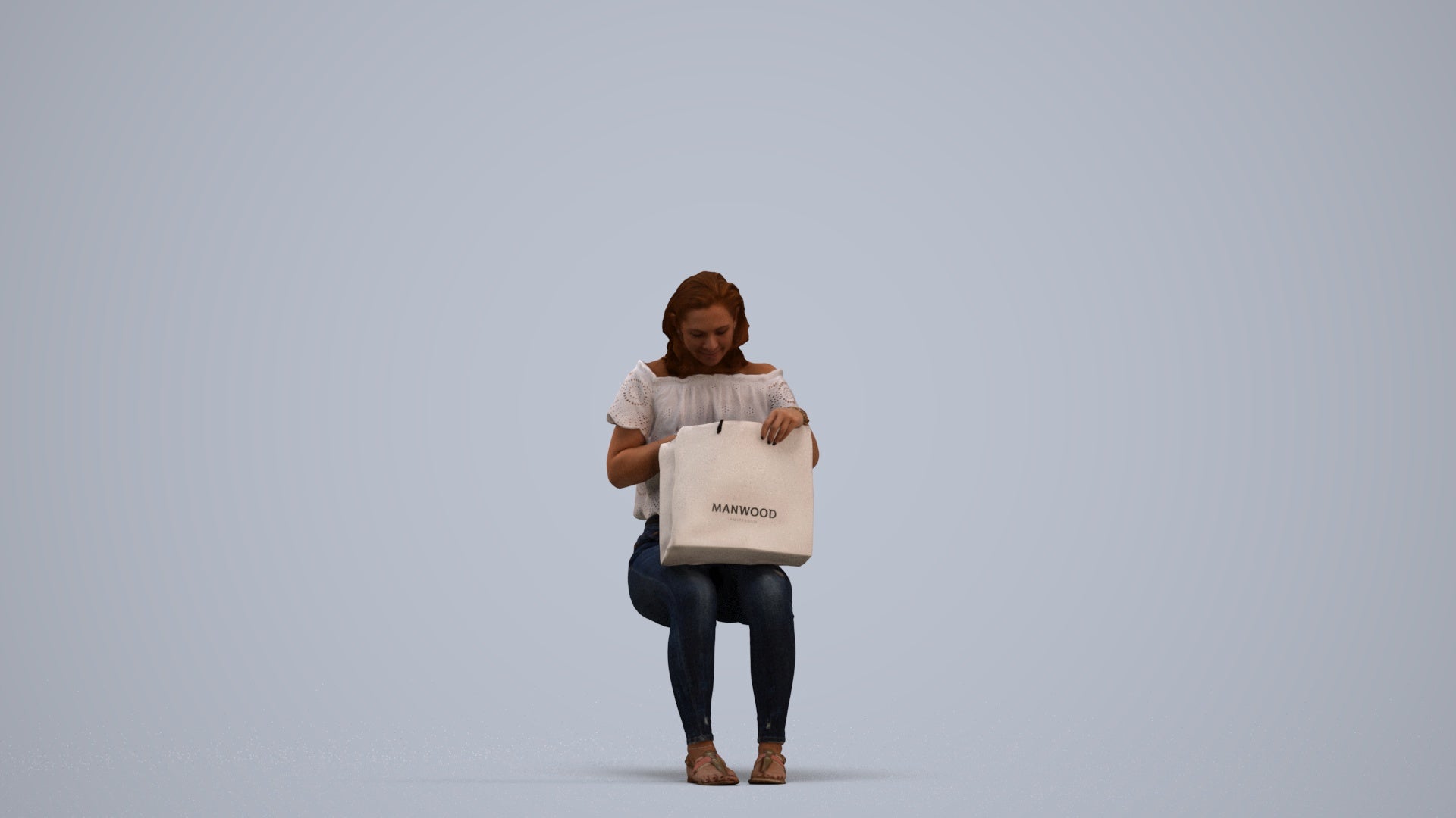 3D human model woman casual sitting, photogrammetry scanned person for archviz, standing pose render