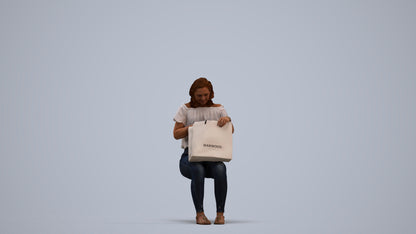 3D human model woman casual sitting, photogrammetry scanned person for archviz, standing pose render