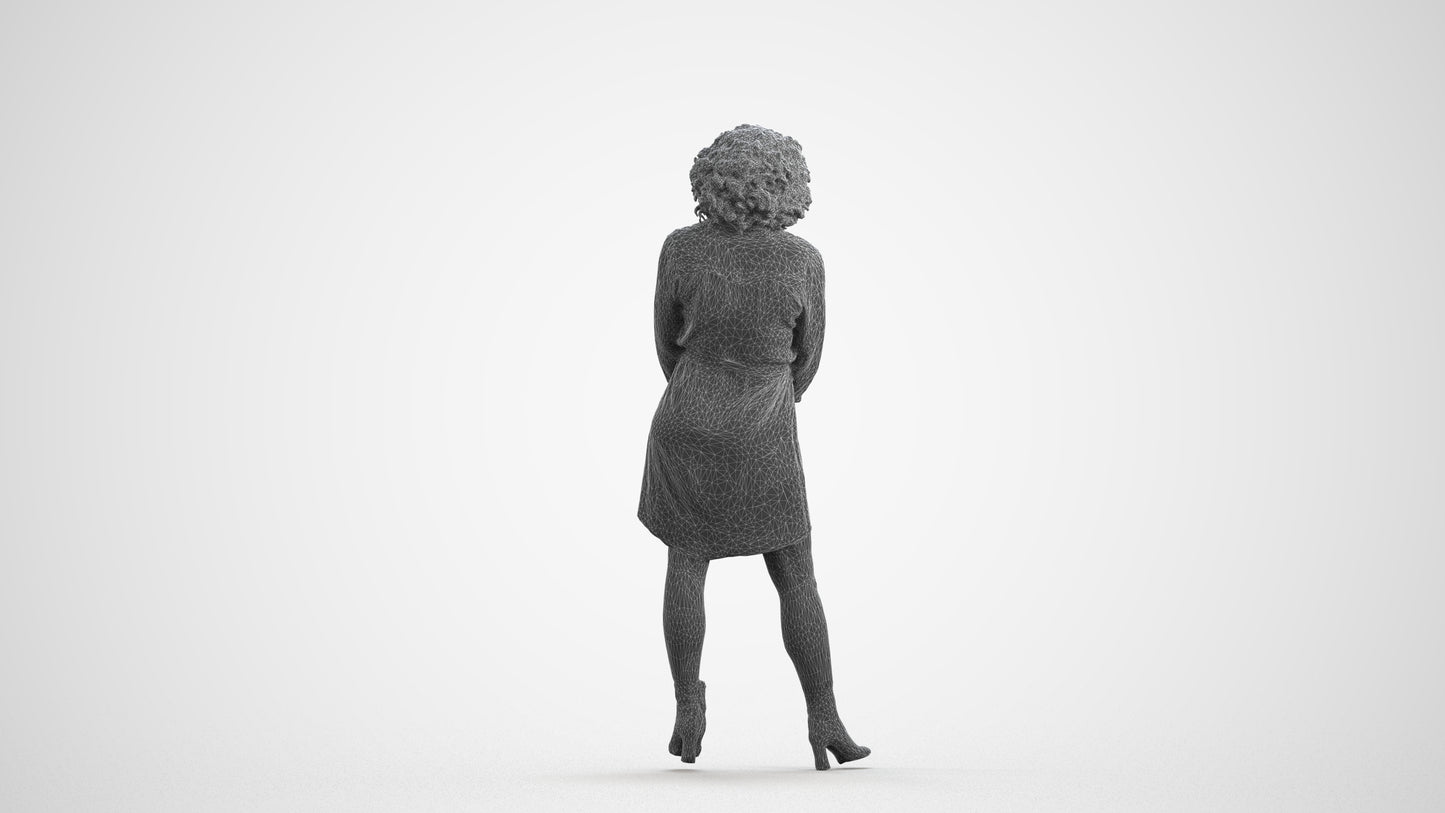 3D human model woman casual standing, photogrammetry scanned person for archviz, wireframe front view