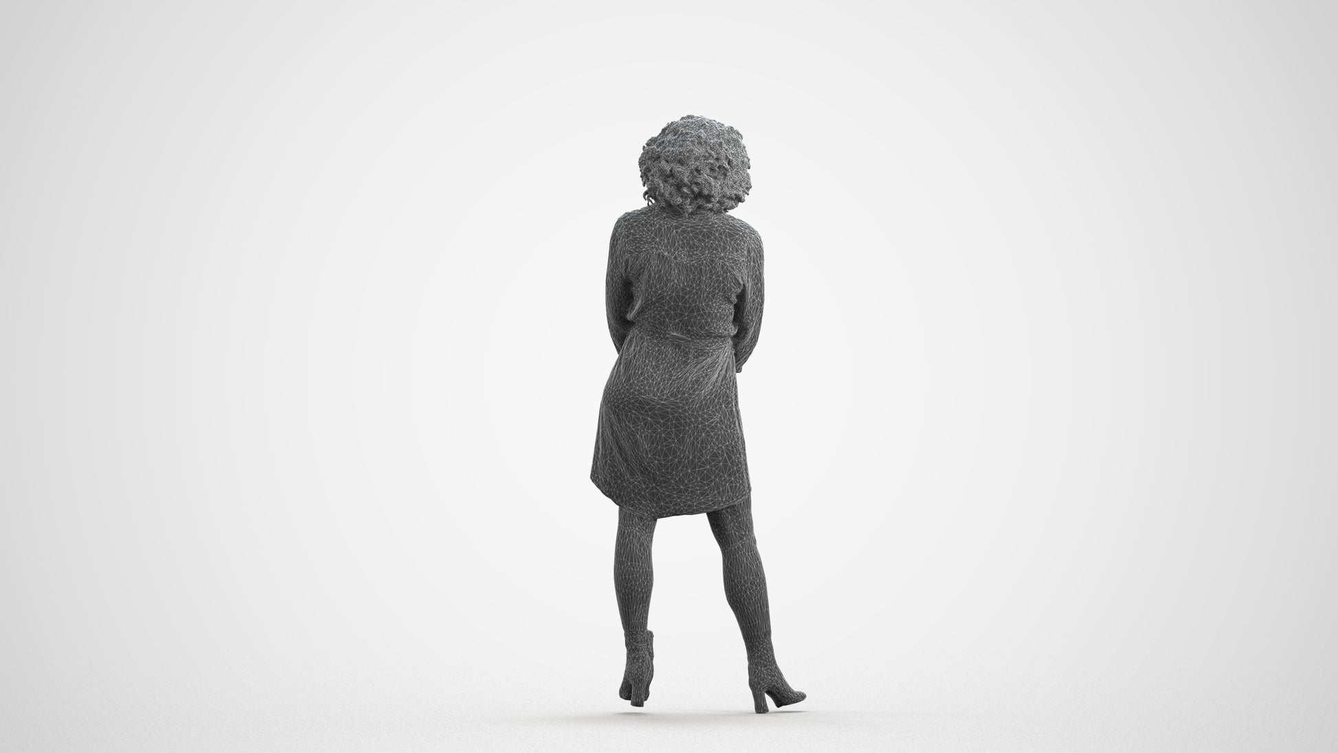 3D human model woman casual standing, photogrammetry scanned person for archviz, wireframe front view