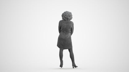 3D human model woman casual standing, photogrammetry scanned person for archviz, wireframe front view
