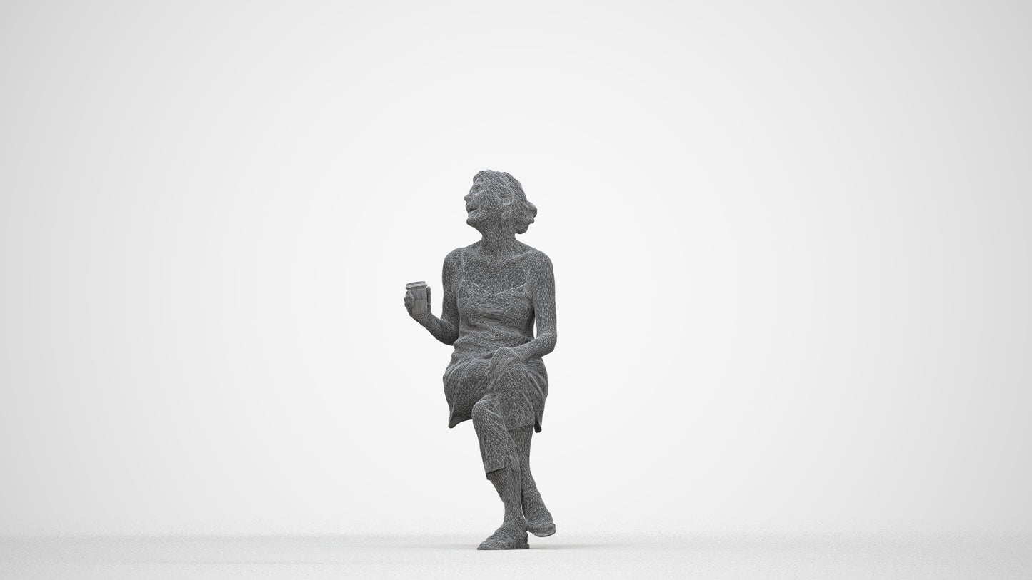 realistic 3D senior woman casual sitting, scanned archviz people for Blender and 3ds Max, wireframe back view