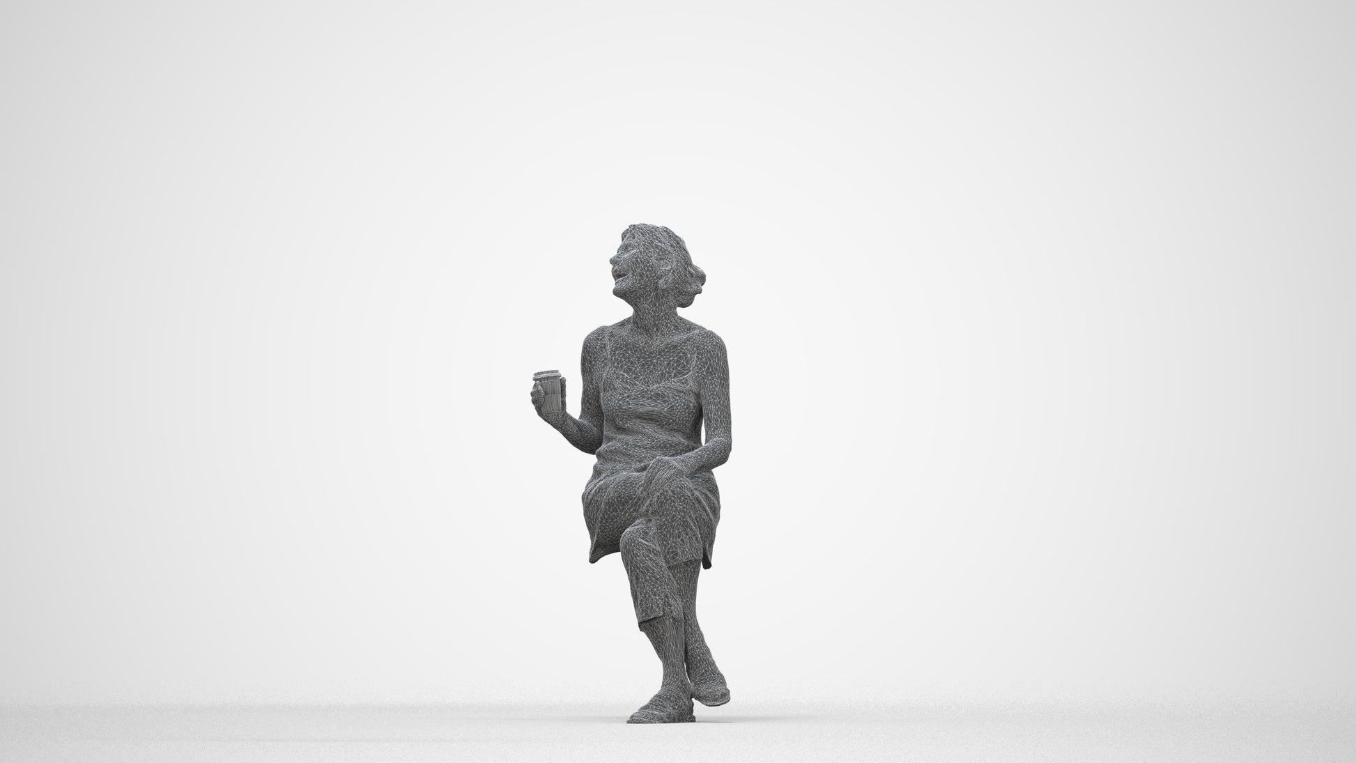 realistic 3D senior woman casual sitting, scanned archviz people for Blender and 3ds Max, wireframe back view