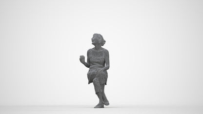 realistic 3D senior woman casual sitting, scanned archviz people for Blender and 3ds Max, wireframe back view