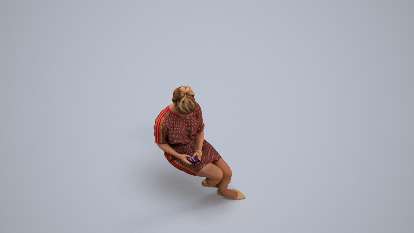 realistic 3D woman casual sitting, scanned archviz people for Blender and 3ds Max, back view render