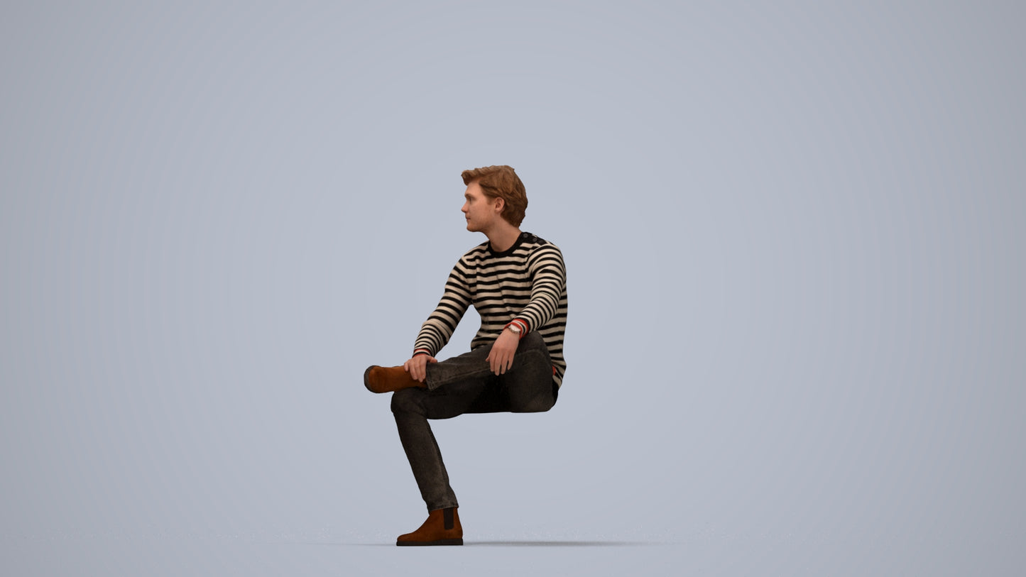 3D people model man casual sitting, scanned human for 3ds Max rendering, top-down view render